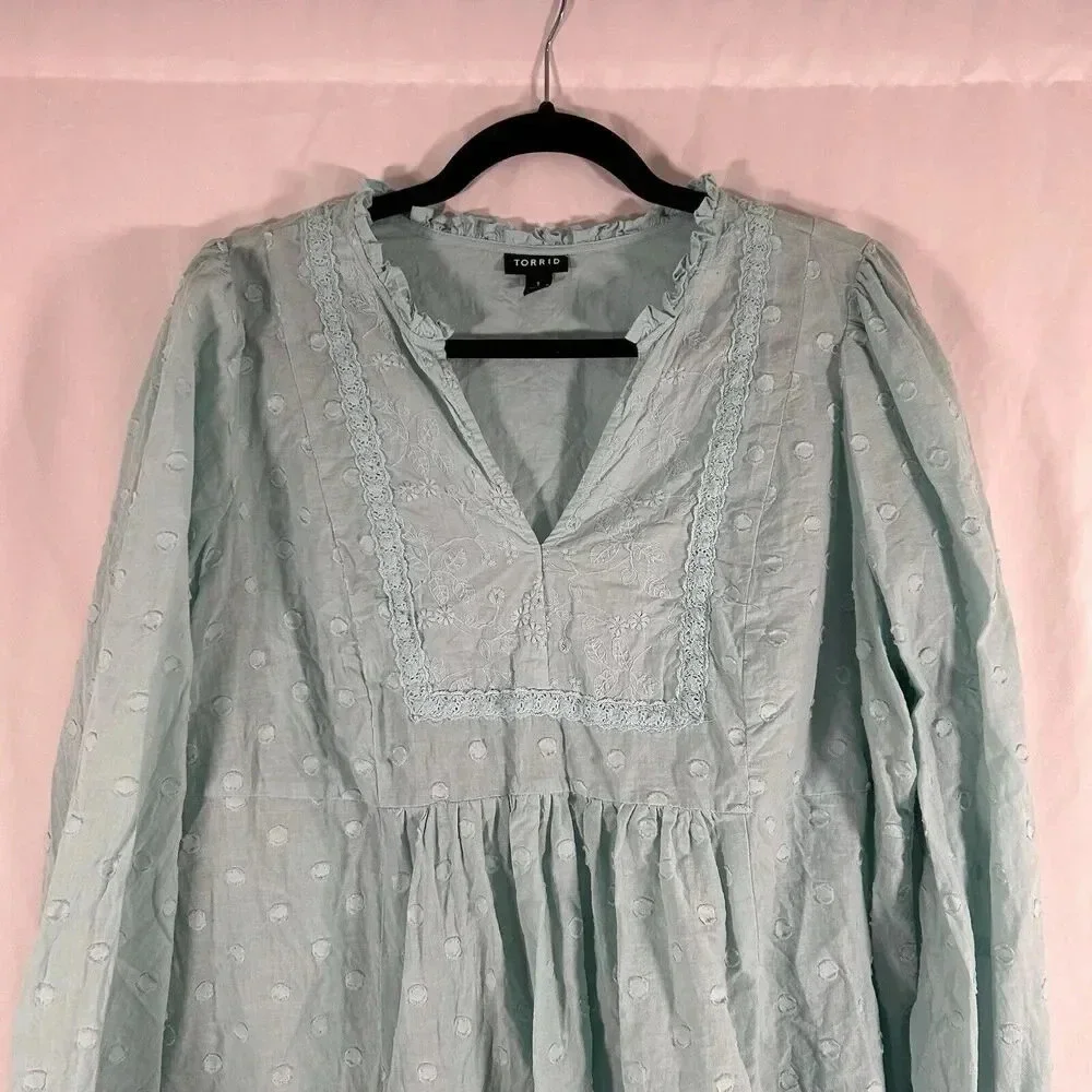 Torrid Blouse Women's 1 1X Blue Vneck Long Sleeve Frill Neckline 100% Cotton